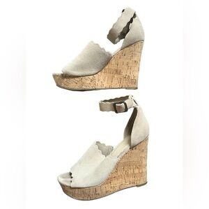 Marc Fisher Taupe Haya Scallop Ankle Strap Espadrille Wedge Sandal Size 9.5